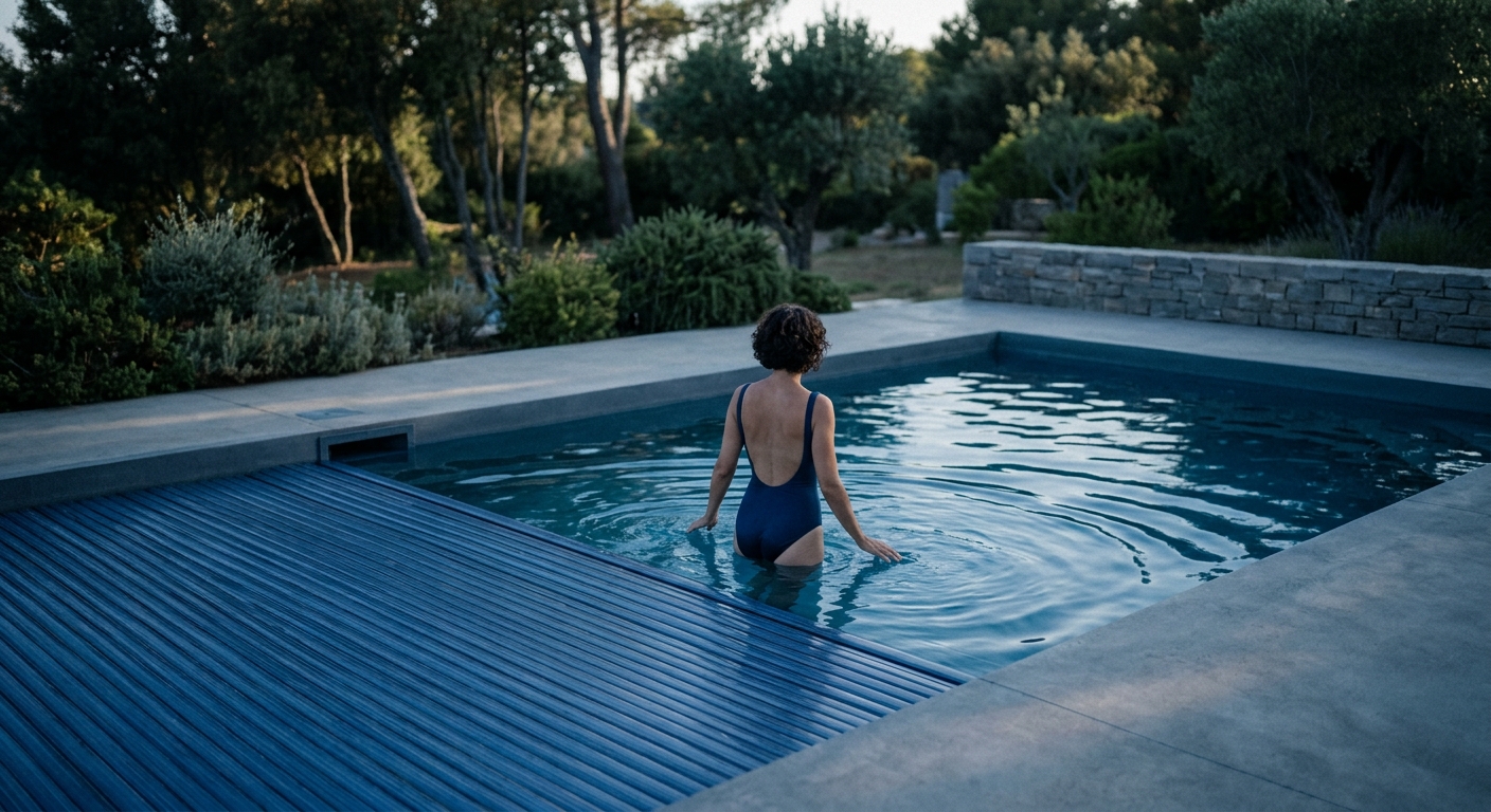L'esthétique épurée de la piscine en coque avec un volet immergé